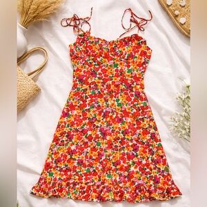 New! Shein XS Frill Trim Fold Pleated Floral Print Shirred Cami Dress